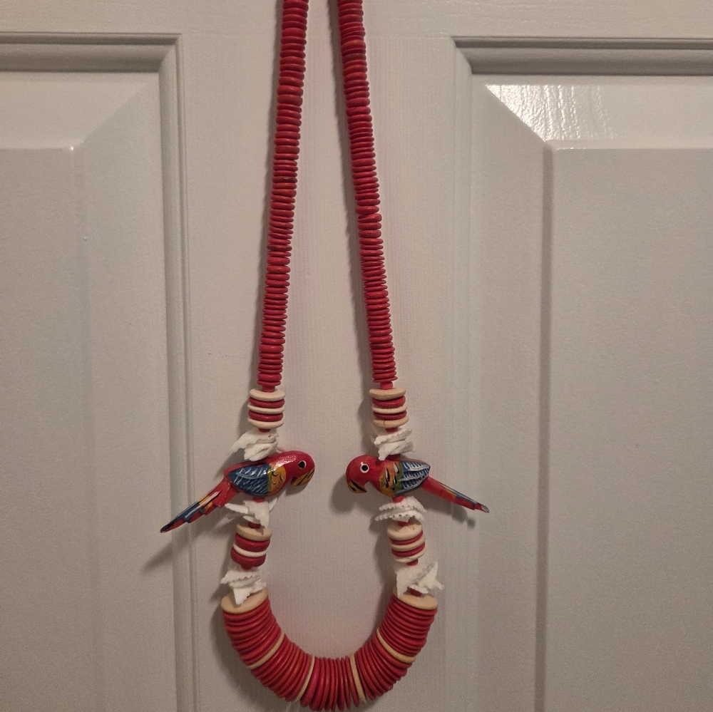 Vintage Red Wooden Parrot Necklace